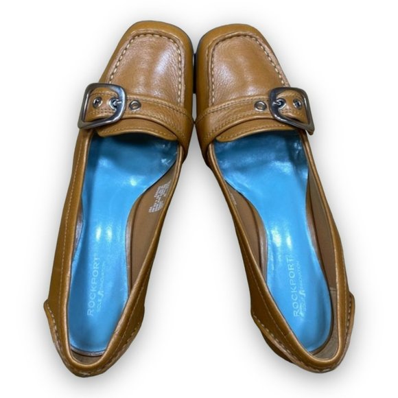 Rockport Square Toe Buckle Heels APW1313B Leather Slip On Tan RARE Women 6M - Picture 5 of 8